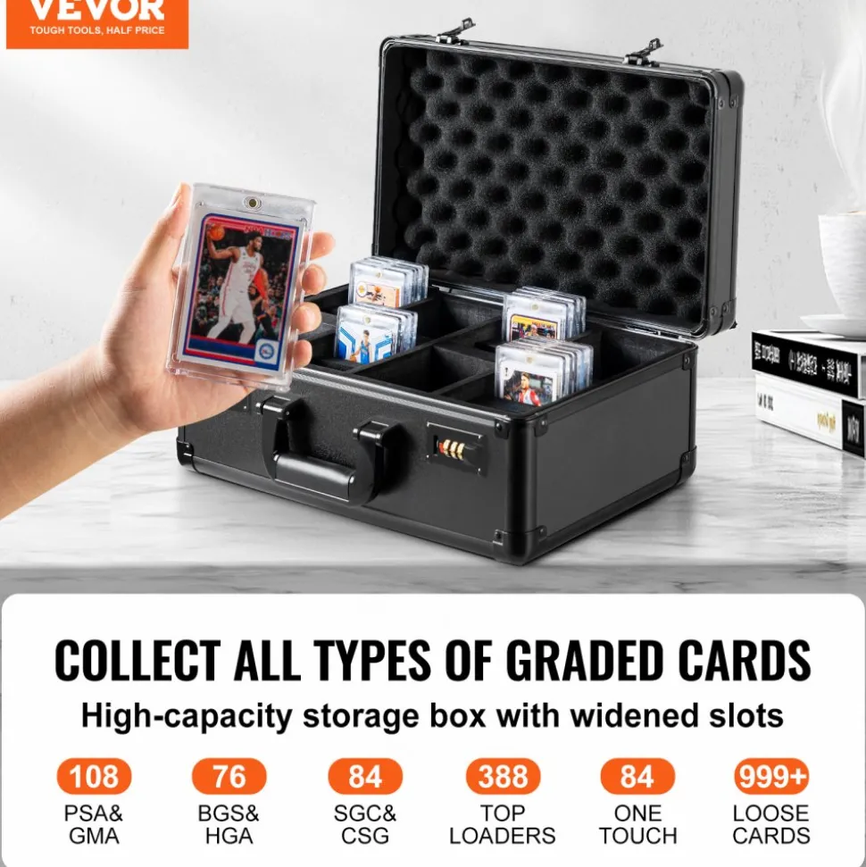 VEVOR Graded Card Storage Box, 4 Slots, Graded Sports Cards Holder Carrying Case with Coded Lock Foam Dividers, for 108 PSA Graded Cards 76 BGS Cards 84 SGC Cards 388 Top Loaders or 999+ Loose Cards