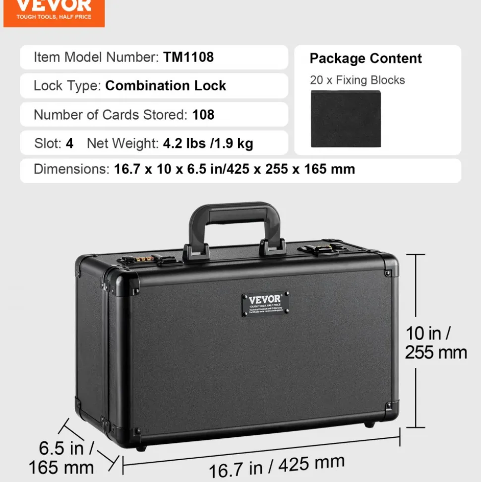 VEVOR Graded Card Storage Box, 4 Slots, Graded Sports Cards Holder Carrying Case with Coded Lock Foam Dividers, for 108 PSA Graded Cards 76 BGS Cards 84 SGC Cards 388 Top Loaders or 999+ Loose Cards