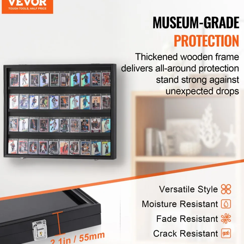 VEVOR 36 Graded Sports Card Display Case, 30.5x24.3x2.1 in, Baseball Card Display Frame with 98% UV Protection Clear View PC Glass, Lockable Wall Cabinet for Football Basketball Hockey Trading Card