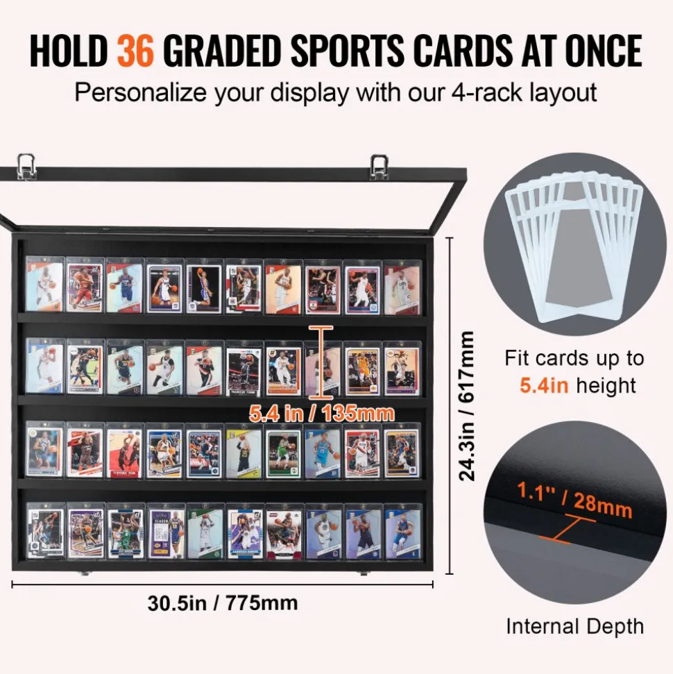 VEVOR 36 Graded Sports Card Display Case, 30.5x24.3x2.1 in, Baseball Card Display Frame with 98% UV Protection Clear View PC Glass, Lockable Wall Cabinet for Football Basketball Hockey Trading Card