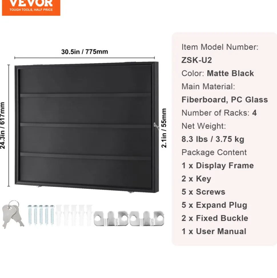 VEVOR 36 Graded Sports Card Display Case, 30.5x24.3x2.1 in, Baseball Card Display Frame with 98% UV Protection Clear View PC Glass, Lockable Wall Cabinet for Football Basketball Hockey Trading Card
