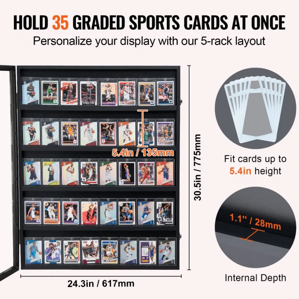VEVOR 35 Graded Sports Card Display Case, 24.3x30.5x2.1 in, Baseball Card Display Frame with 98% UV Protection Clear View PC Glass, Lockable Wall Cabinet for Football Basketball Hockey Trading Card