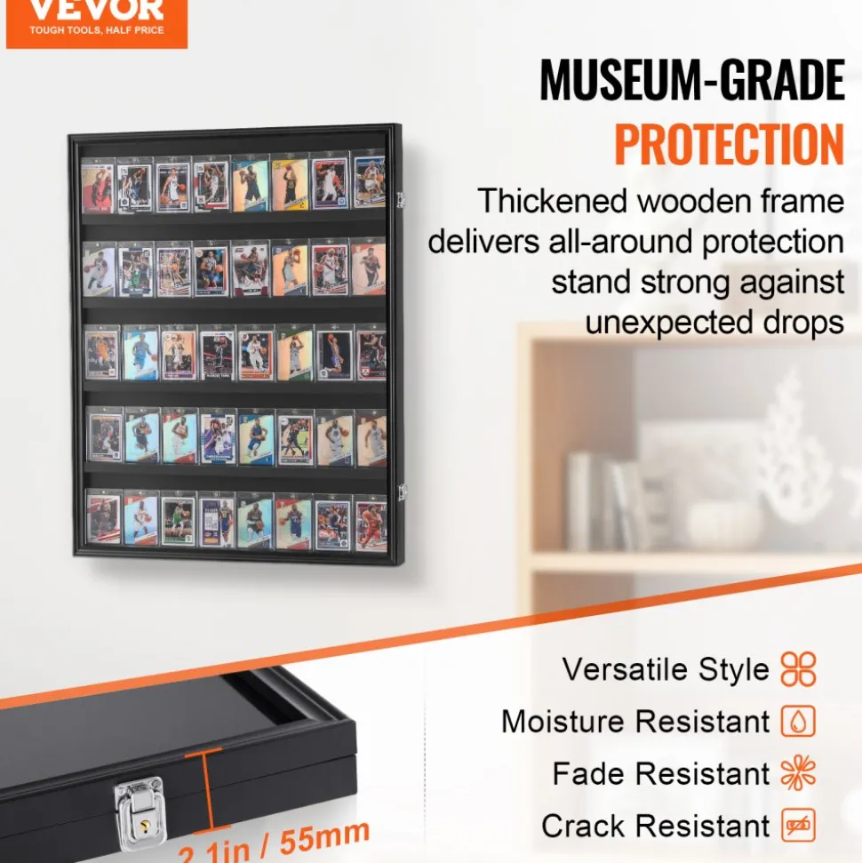 VEVOR 35 Graded Sports Card Display Case, 24.3x30.5x2.1 in, Baseball Card Display Frame with 98% UV Protection Clear View PC Glass, Lockable Wall Cabinet for Football Basketball Hockey Trading Card