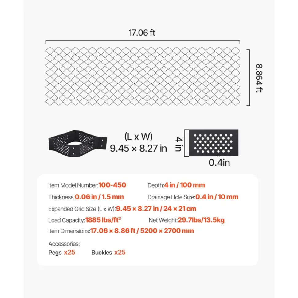 VEVOR Gravel Grid, 2 Inch Depth, 17.06 x 8.86 FT / 5200 x 2700 mm, 1880 LBS Per Sq ft Grass Ground Retainer, Permeable Geo Grids Driveway Stabilization, for Garden, Patio, Walkway, RV Parking Slopes