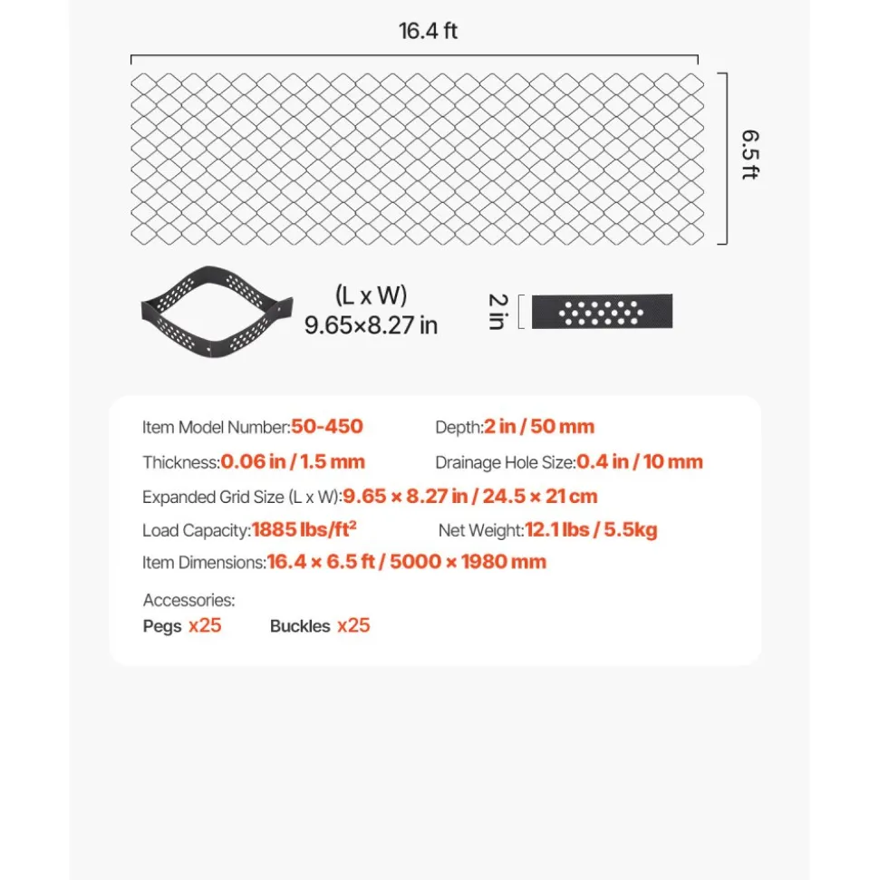 VEVOR Gravel Grid, 2 Inch Depth, 16.4 x 6.5 FT / 5000 x 1980 mm, 1880 LBS Per Sq ft Grass Ground Retainer, Permeable Geo Grids Driveway Stabilization, for Garden, Patio, Walkway, RV Parking Slopes