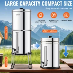 VEVOR Gravity-fed Water Filter System, 2.25G 304 Stainless-Steel Countertop Water Filtration System, Reduces Lead and up to 99% of Chlorine, with 2 Ceramic Carbon Filters, Water Level Spigot, Stand