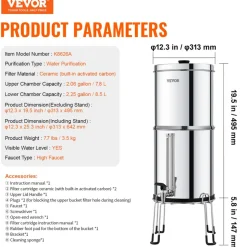 VEVOR Gravity-fed Water Filter System, 2.25G 304 Stainless-Steel Countertop Water Filtration System, Reduces Lead and up to 99% of Chlorine, with 2 Ceramic Carbon Filters, Water Level Spigot, Stand