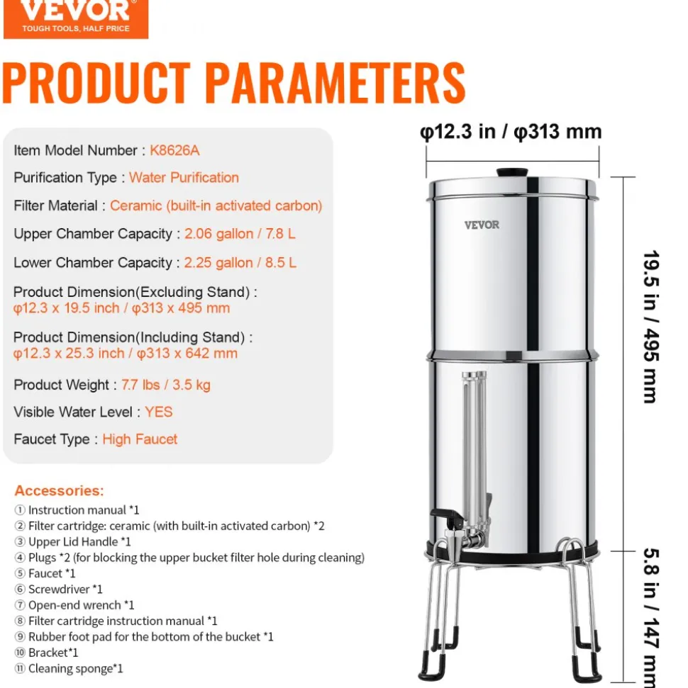 VEVOR Gravity-fed Water Filter System, 2.25G 304 Stainless-Steel Countertop Water Filtration System, Reduces Lead and up to 99% of Chlorine, with 2 Ceramic Carbon Filters, Water Level Spigot, Stand