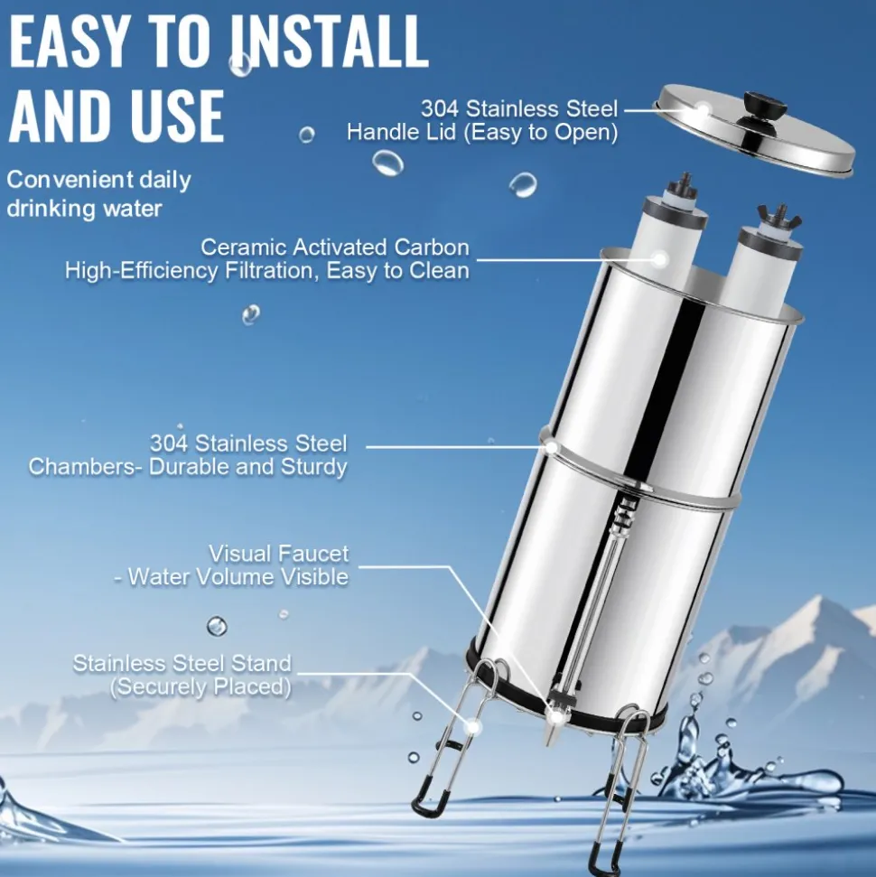 VEVOR Gravity-fed Water Filter System, 2.25G 304 Stainless-Steel Countertop Water Filtration System, Reduces Lead and up to 99% of Chlorine, with 2 Ceramic Carbon Filters, Water Level Spigot, Stand