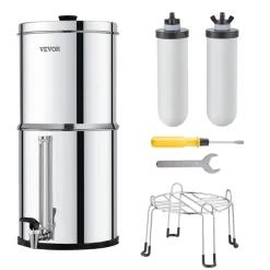 VEVOR Gravity-fed Water Filter System, 2.25G 304 Stainless-Steel Countertop Water Filtration System, Reduces Lead and up to 99% of Chlorine, with 2 Ceramic Carbon Filters, Water Level Spigot, Stand