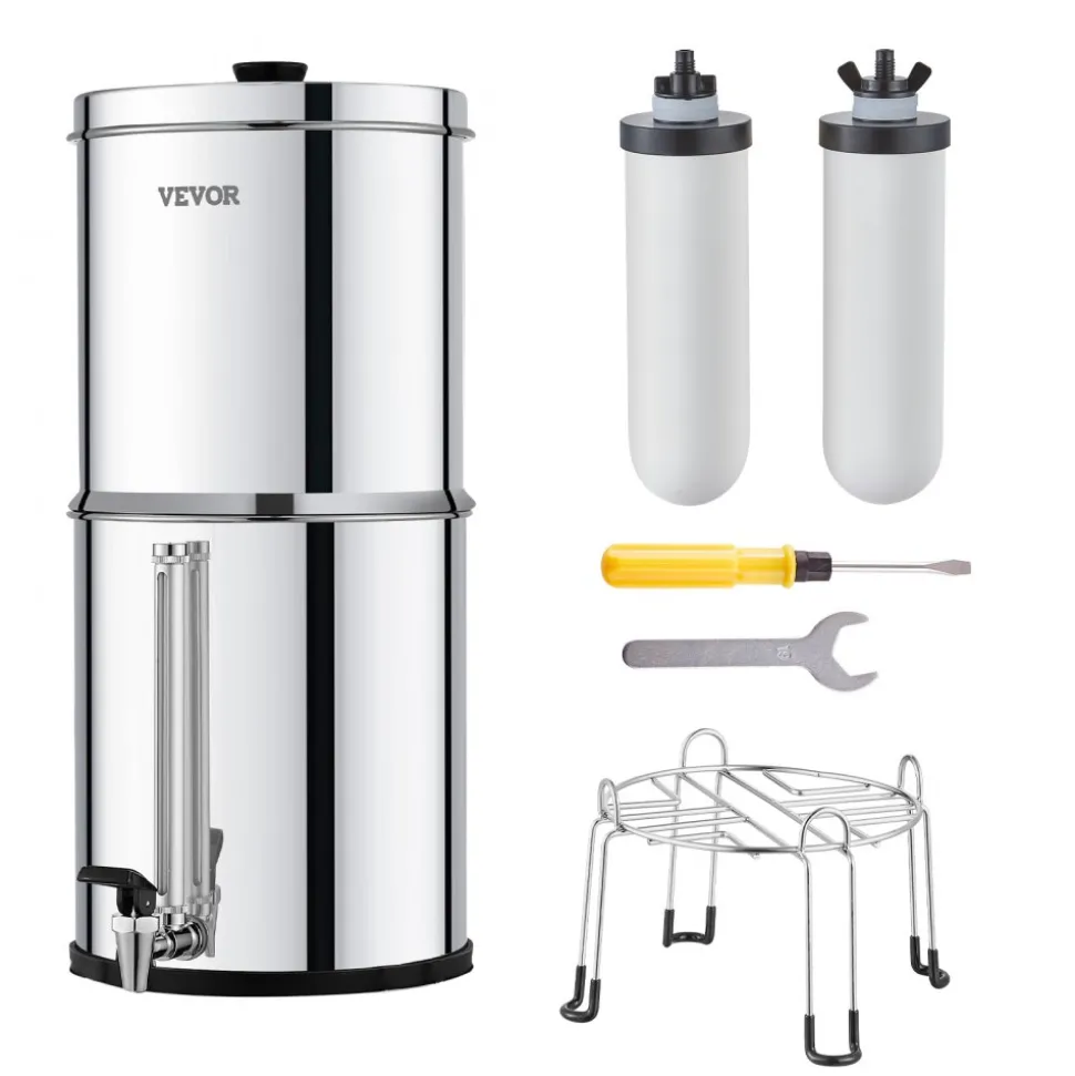 VEVOR Gravity-fed Water Filter System, 2.25G 304 Stainless-Steel Countertop Water Filtration System, Reduces Lead and up to 99% of Chlorine, with 2 Ceramic Carbon Filters, Water Level Spigot, Stand