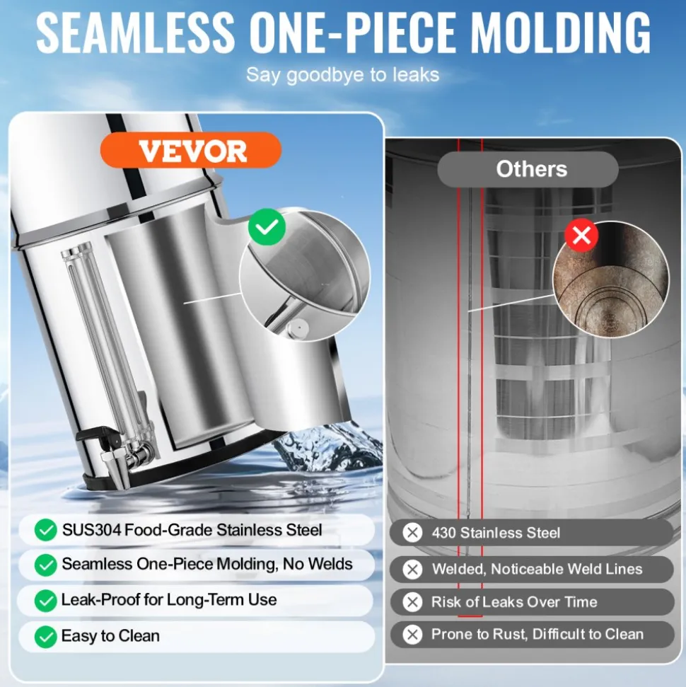 VEVOR Gravity-fed Water Filter System, 2.25G 304 Stainless-Steel Countertop Water Filtration System, Reduces Lead and up to 99% of Chlorine, with 2 Ceramic Carbon Filters, Water Level Spigot, Stand