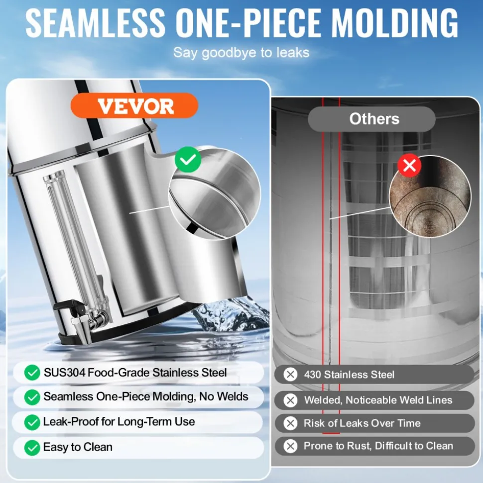 VEVOR Gravity-fed Water Filter System, 2.25G 304 Stainless-Steel Countertop System, Water Filtration System, Reduces Lead and up to 99% of Chlorine, with 2 Carbon Filters, Water Level Spigot, Stand