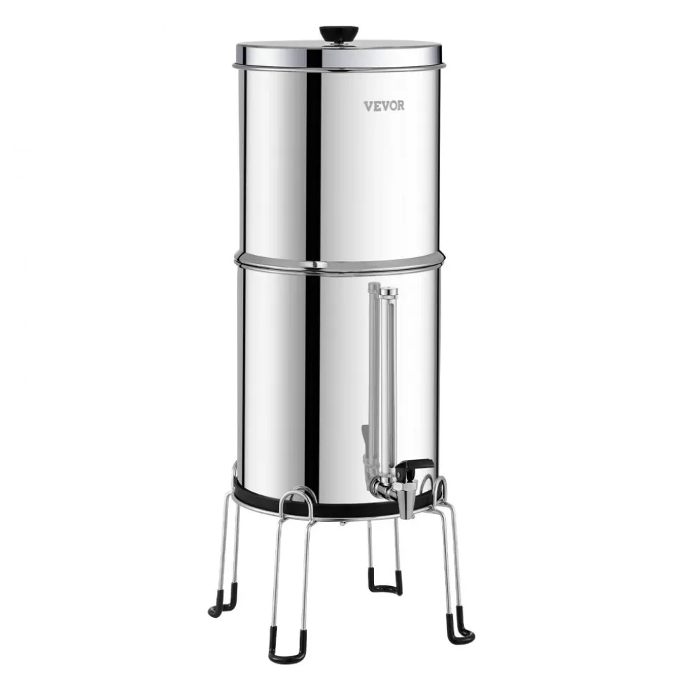 VEVOR Gravity-fed Water Filter System, 2.25G 304 Stainless-Steel Countertop System, Water Filtration System, Reduces Lead and up to 99% of Chlorine, with 2 Carbon Filters, Water Level Spigot, Stand