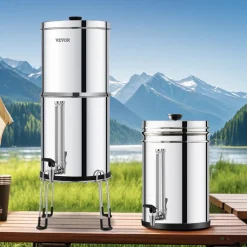 VEVOR Gravity-fed Water Filter System, 2.25G 304 Stainless-Steel Countertop System, Water Filtration System, Reduces Lead and up to 99% of Chlorine, with 2 Carbon Filters, Water Level Spigot, Stand