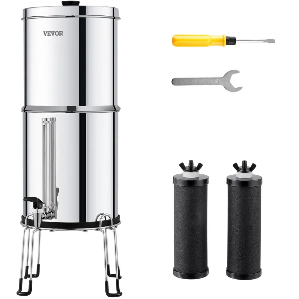 VEVOR Gravity-fed Water Filter System, 2.25G 304 Stainless-Steel Countertop System, Water Filtration System, Reduces Lead and up to 99% of Chlorine, with 2 Carbon Filters, Water Level Spigot, Stand