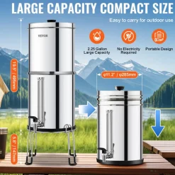 VEVOR Gravity-fed Water Filter System, 2.25G 304 Stainless-Steel Countertop System, Water Filtration System, Reduces Lead and up to 99% of Chlorine, with 2 Carbon Filters, Water Level Spigot, Stand