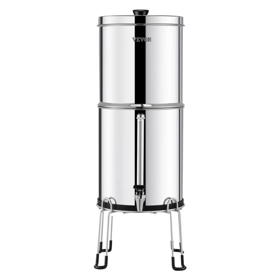VEVOR Gravity-fed Water Filter System, 2.25G 304 Stainless-Steel Countertop System, Water Filtration System, Reduces Lead and up to 99% of Chlorine, with 2 Carbon Filters, Water Level Spigot, Stand