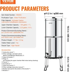 VEVOR Gravity-fed Water Filter System, 2.25G 304 Stainless-Steel Countertop System, Water Filtration System, Reduces Lead and up to 99% of Chlorine, with 2 Carbon Filters, Water Level Spigot, Stand