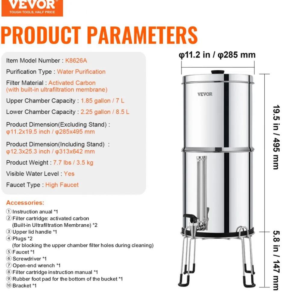 VEVOR Gravity-fed Water Filter System, 2.25G 304 Stainless-Steel Countertop System, Water Filtration System, Reduces Lead and up to 99% of Chlorine, with 2 Carbon Filters, Water Level Spigot, Stand