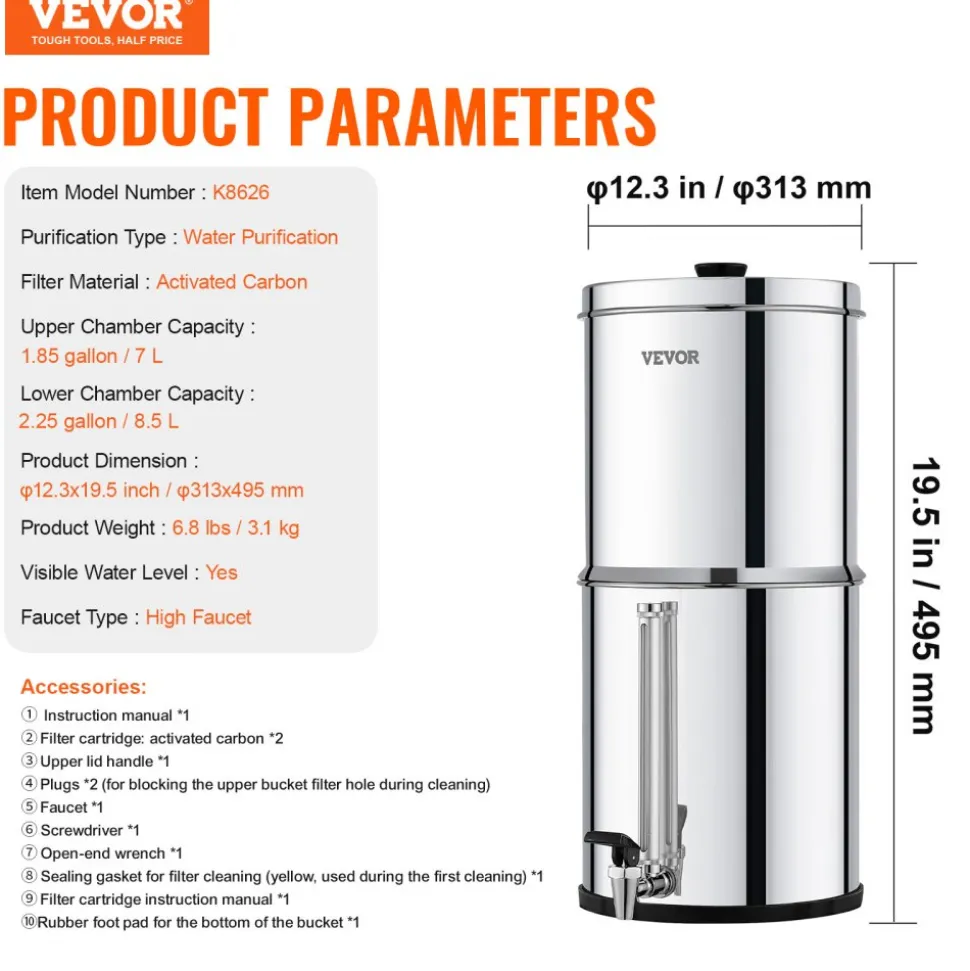 VEVOR Gravity-fed Water Filter System, 2.25G 304 Stainless-Steel Countertop System, Water Filtration System, Reduces Lead and up to 99% of Chlorine, with 2 Carbon Filters, and Water Level Spigot