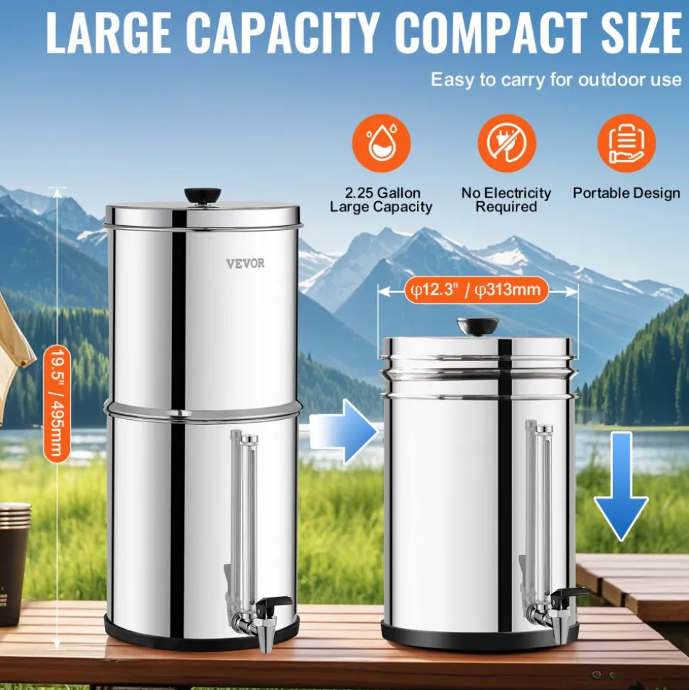 VEVOR Gravity-fed Water Filter System, 2.25G 304 Stainless-Steel Countertop System, Water Filtration System, Reduces Lead and up to 99% of Chlorine, with 2 Carbon Filters, and Water Level Spigot