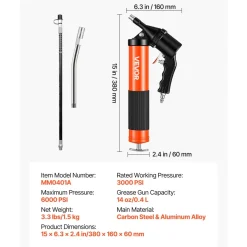 VEVOR Grease Gun, Continuous Cycle Heavy Duty 6000 PSI High Pressure, Pistol Grip Grease Gun Kit with 14 oz Capacity, Includes 18-Inch Flex Hose, 1 Extension Rigid Pipe, 2 Flat Nozzles for Automotive