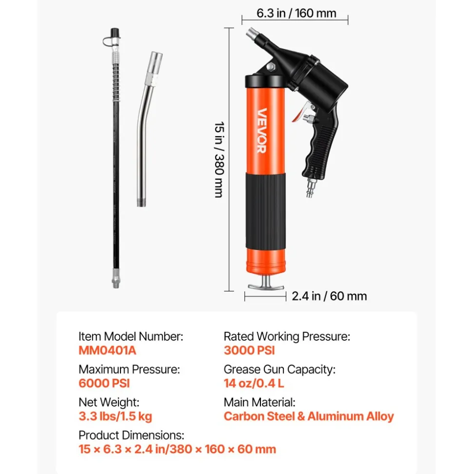VEVOR Grease Gun, Continuous Cycle Heavy Duty 6000 PSI High Pressure, Pistol Grip Grease Gun Kit with 14 oz Capacity, Includes 18-Inch Flex Hose, 1 Extension Rigid Pipe, 2 Flat Nozzles for Automotive