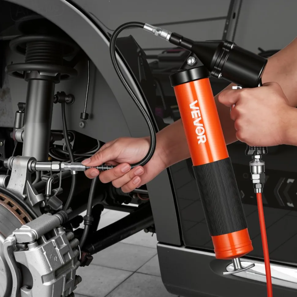 VEVOR Grease Gun, Continuous Cycle Heavy Duty 6000 PSI High Pressure, Pistol Grip Grease Gun Kit with 14 oz Capacity, Includes 18-Inch Flex Hose, 1 Extension Rigid Pipe, 2 Flat Nozzles for Automotive