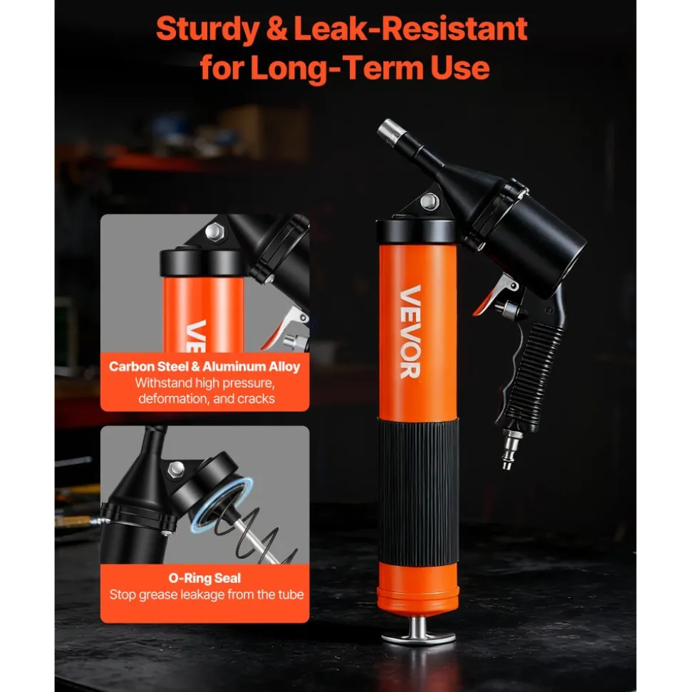 VEVOR Grease Gun, Continuous Cycle Heavy Duty 6000 PSI High Pressure, Pistol Grip Grease Gun Kit with 14 oz Capacity, Includes 18-Inch Flex Hose, 1 Extension Rigid Pipe, 2 Flat Nozzles for Automotive