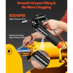 VEVOR Grease Gun, Continuous Cycle Heavy Duty 6000 PSI High Pressure, Pistol Grip Grease Gun Kit with 14 oz Capacity, Includes 18-Inch Flex Hose, 1 Extension Rigid Pipe, 2 Flat Nozzles for Automotive