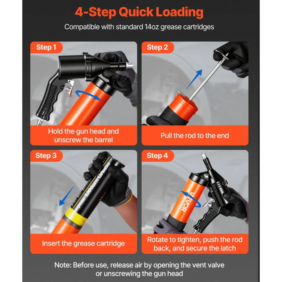 VEVOR Grease Gun, Continuous Cycle Heavy Duty 6000 PSI High Pressure, Pistol Grip Grease Gun Kit with 14 oz Capacity, Includes 18-Inch Flex Hose, 1 Extension Rigid Pipe, 2 Flat Nozzles for Automotive