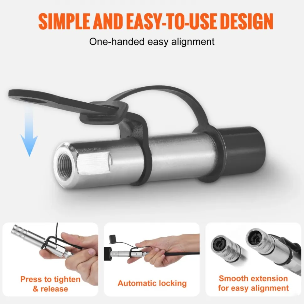 VEVOR Grease Gun Coupler, 10000 PSI High Pressure, 3-Jaw Locking, Quick Release Grease Gun Tip with Hose/Zerk Fittings Cleaner/Extension Needles, Compatible with All Grease Guns 1/8" NPT Fittings