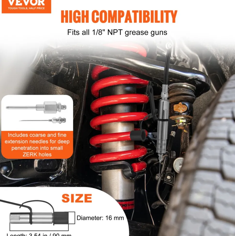 VEVOR Grease Gun Coupler, 10000 PSI High Pressure, 3-Jaw Locking, Quick Release Grease Gun Tip with Hose/Zerk Fittings Cleaner/Extension Needles, Compatible with All Grease Guns 1/8" NPT Fittings