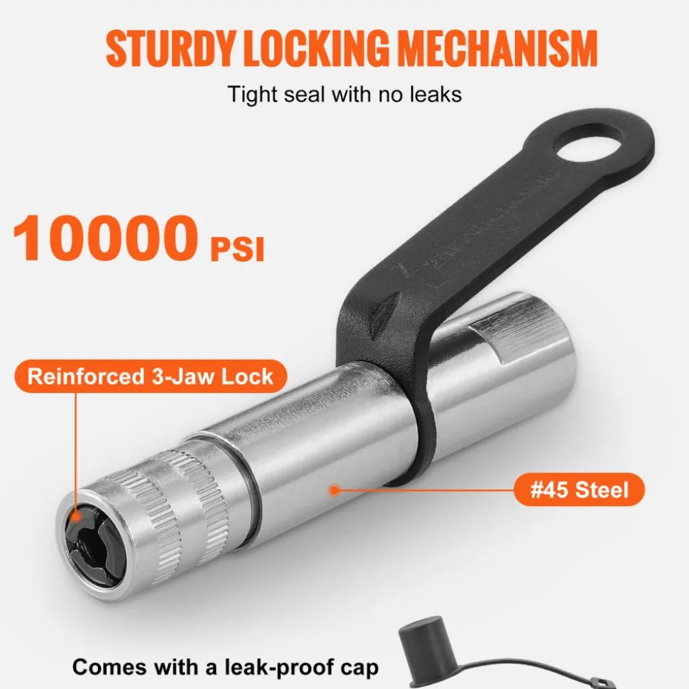 VEVOR Grease Gun Coupler, 10000 PSI High Pressure, 3-Jaw Locking, Quick Release Grease Gun Tip with Hose/Zerk Fittings Cleaner/Extension Needles, Compatible with All Grease Guns 1/8" NPT Fittings