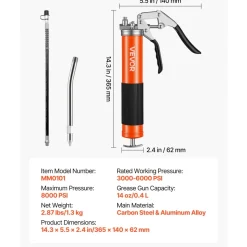 VEVOR Grease Gun, 10000 PSI High Pressure, Heavy Duty Pistol Grip Grease Gun Kit with 14 oz Capacity, Includes 18-Inch Flex Hose, 1 Extension Rigid Pipe and 1 Sharp Type Nozzle for Automotive, Marine