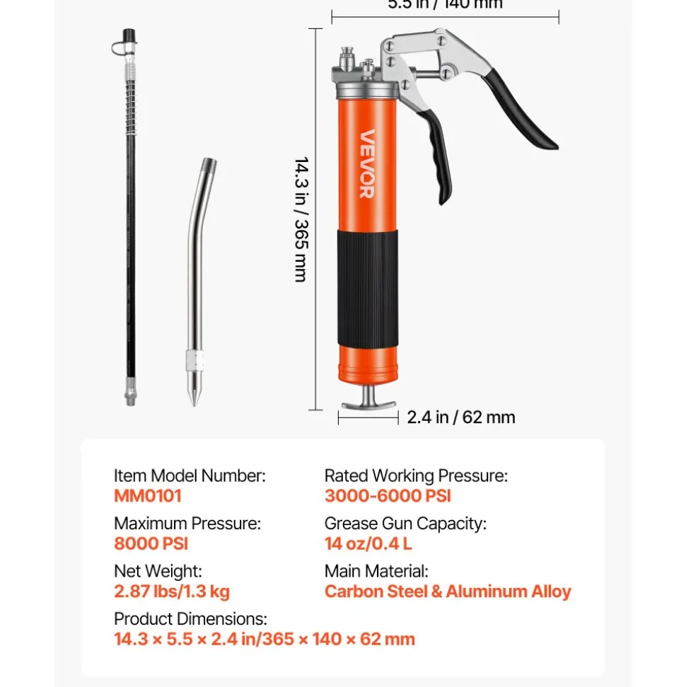 VEVOR Grease Gun, 10000 PSI High Pressure, Heavy Duty Pistol Grip Grease Gun Kit with 14 oz Capacity, Includes 18-Inch Flex Hose, 1 Extension Rigid Pipe and 1 Sharp Type Nozzle for Automotive, Marine