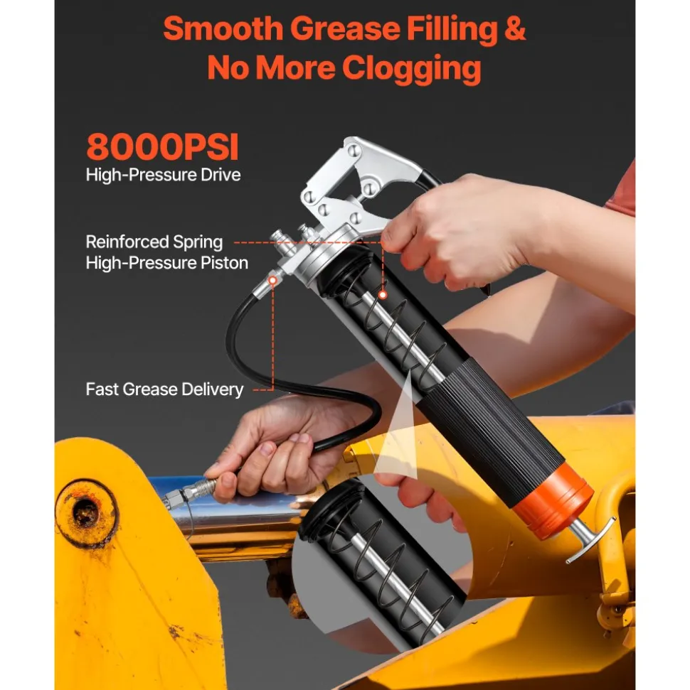 VEVOR Grease Gun, 10000 PSI High Pressure, Heavy Duty Pistol Grip Grease Gun Kit with 14 oz Capacity, Includes 18-Inch Flex Hose, 1 Extension Rigid Pipe and 1 Sharp Type Nozzle for Automotive, Marine