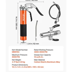 VEVOR Grease Gun, 8000 PSI, Pistol Grip Grease Gun Kit with 14 oz Capacity, Includes 18-Inch Flex Hose, Double Handle Grease Coupler, Extension Rigid Pipe & Sharp Type Nozzle for Automotive, Marine