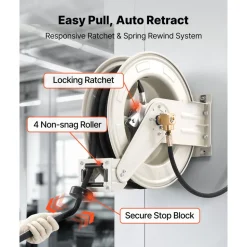 VEVOR Grease Hose Reel, 1/4 in x 50 ft Retractable, Spring Driven Auto Swivel Rewind, Max 10152 PSI, Heavy-Duty Carbon Steel Construction with Steel Wire Braided Hose, for Lube, Grease, Hydraulic Oil