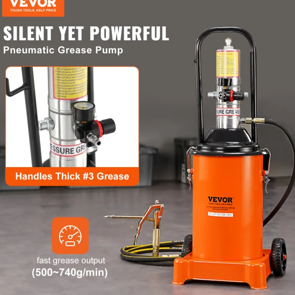 VEVOR Grease Pump, 3 Gallon 12L, Air Operated Grease Pump with 13 ft High Pressure Hose and Grease Gun, Pneumatic Grease Bucket Pump with Wheels, Portable Lubrication Grease Pump 50:1 Pressure Ratio
