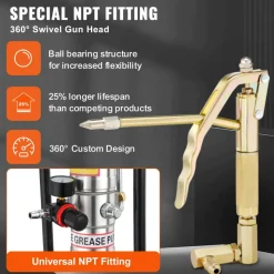 VEVOR Grease Pump, 3 Gallon 12L, Air Operated Grease Pump with 13 ft High Pressure Hose and Grease Gun, Pneumatic Grease Bucket Pump with Wheels, Portable Lubrication Grease Pump 50:1 Pressure Ratio