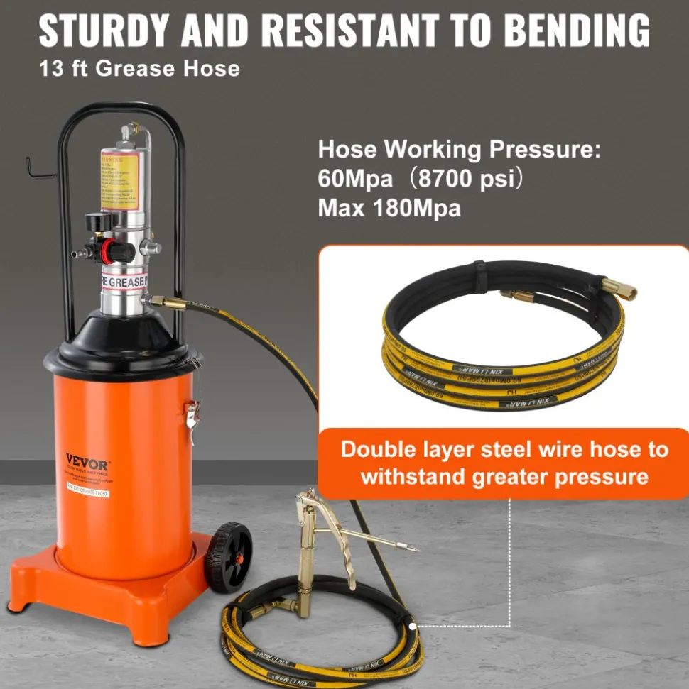 VEVOR Grease Pump, 3 Gallon 12L, Air Operated Grease Pump with 13 ft High Pressure Hose and Grease Gun, Pneumatic Grease Bucket Pump with Wheels, Portable Lubrication Grease Pump 50:1 Pressure Ratio