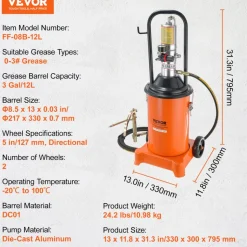 VEVOR Grease Pump, 3 Gallon 12L, Air Operated Grease Pump with 13 ft High Pressure Hose and Grease Gun, Pneumatic Grease Bucket Pump with Wheels, Portable Lubrication Grease Pump 50:1 Pressure Ratio