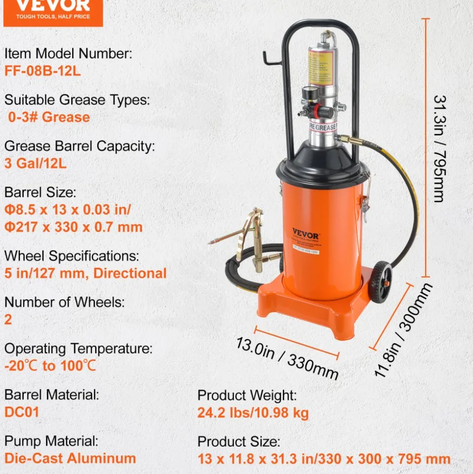 VEVOR Grease Pump, 3 Gallon 12L, Air Operated Grease Pump with 13 ft High Pressure Hose and Grease Gun, Pneumatic Grease Bucket Pump with Wheels, Portable Lubrication Grease Pump 50:1 Pressure Ratio