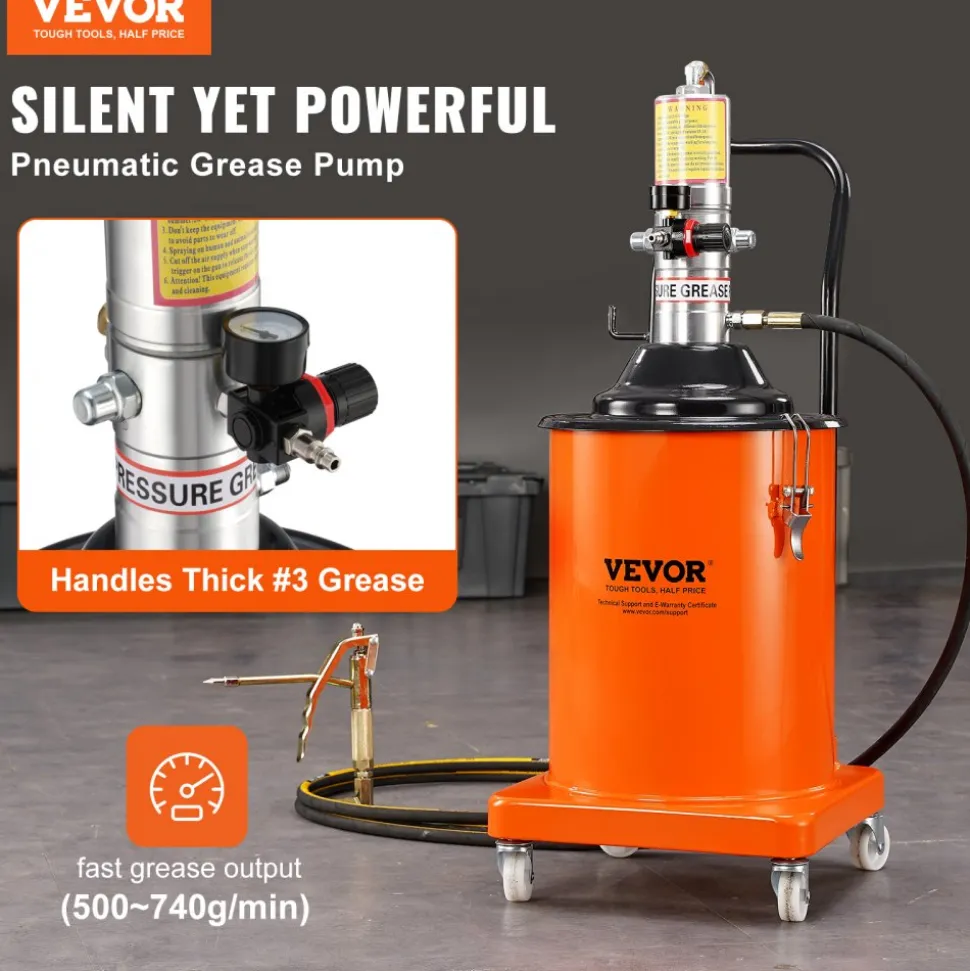 VEVOR Grease Pump, 5 Gallon 20L, Air Operated Grease Pump with 13 ft High Pressure Hose and Grease Gun, Pneumatic Grease Bucket Pump with Wheels, Portable Lubrication Grease Pump 50:1 Pressure Ratio