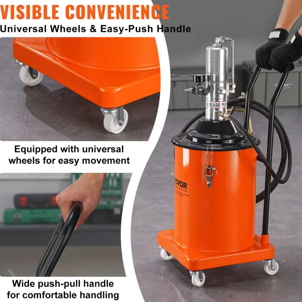 VEVOR Grease Pump, 5 Gallon 20L, Air Operated Grease Pump with 13 ft High Pressure Hose and Grease Gun, Pneumatic Grease Bucket Pump with Wheels, Portable Lubrication Grease Pump 50:1 Pressure Ratio