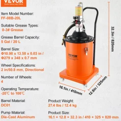 VEVOR Grease Pump, 5 Gallon 20L, Air Operated Grease Pump with 13 ft High Pressure Hose and Grease Gun, Pneumatic Grease Bucket Pump with Wheels, Portable Lubrication Grease Pump 50:1 Pressure Ratio