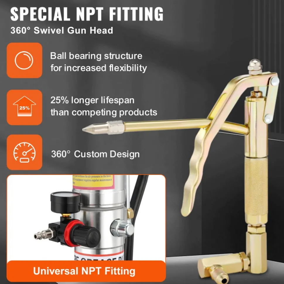 VEVOR Grease Pump, 5 Gallon 20L, Air Operated Grease Pump with 13 ft High Pressure Hose and Grease Gun, Pneumatic Grease Bucket Pump with Wheels, Portable Lubrication Grease Pump 50:1 Pressure Ratio