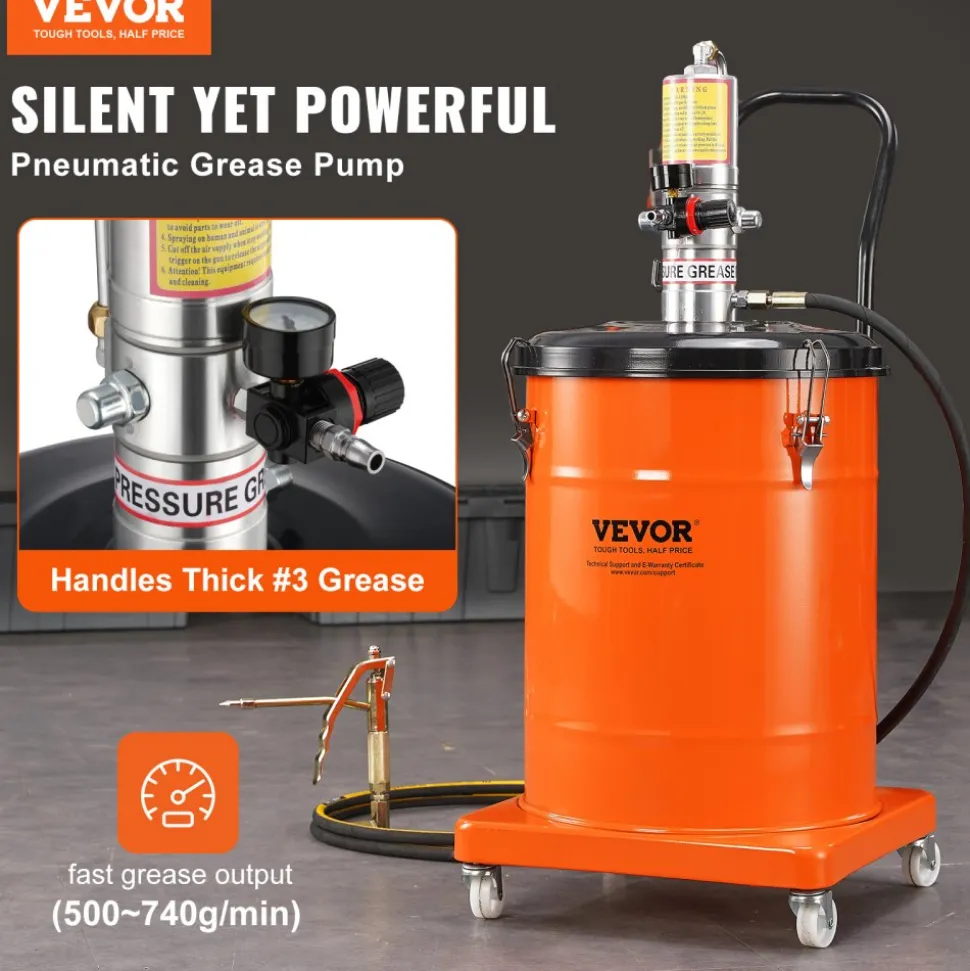 VEVOR Grease Pump, 10.5 Gallon 40L Air Operated Grease Pump with 13 ft High Pressure Hose and Grease Gun, Pneumatic Grease Bucket Pump with Wheels, Portable Lubrication Grease Pump 50:1 Pressure Ratio